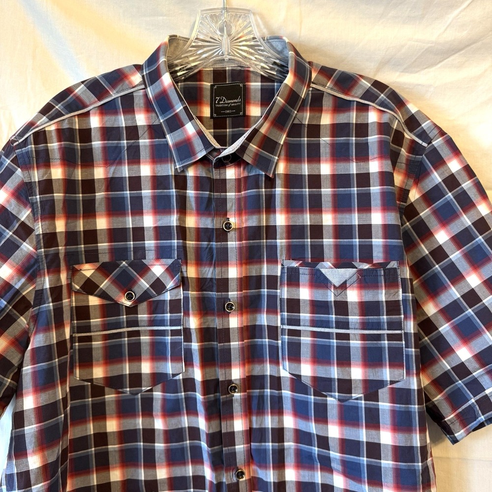 7 Diamonds The Ride Short Sleeve Button Down Mens Shirt Red Blue‎ Gray Plaid XL - Picture 2 of 15